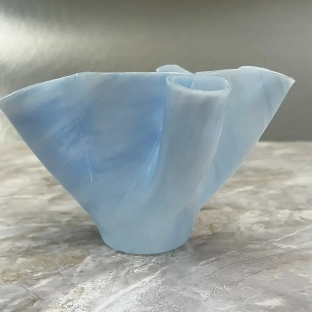 Art Glass Vase Opalescent Blue White Ruffled Handkerchief Murano Style